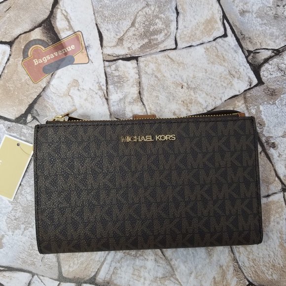#bagsavenue new jet set travel large double zip wristlet brown michael kors - Picture 2 of 8